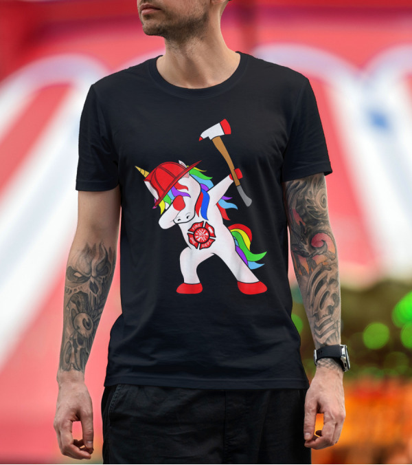 Premium T-Shirt: Firefighter Unicorn Dabbin with Axe and Fire Dept Badge T-Shirt Firefighter Unicorn Dabbin with Axe and Fire Dept Badge T-Shirt