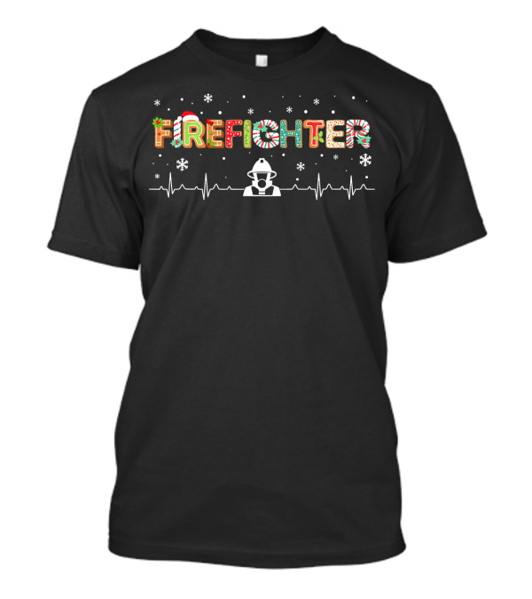 Firefighter Holiday Heartbeat Christmas Candy Cane Snowflake T-Shirt