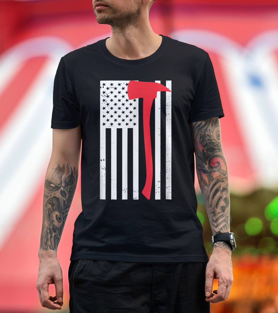 Flag of the United States Firefighter Red Axe Icon T-Shirt