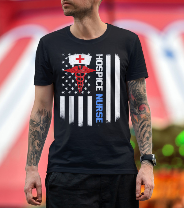 Premium T-Shirt: Hospice Nurse American Flag with Medical Symbol and Nurse Cap T-Shirt Hospice Nurse American Flag with Medical Symbol and Nurse Cap T-Shirt