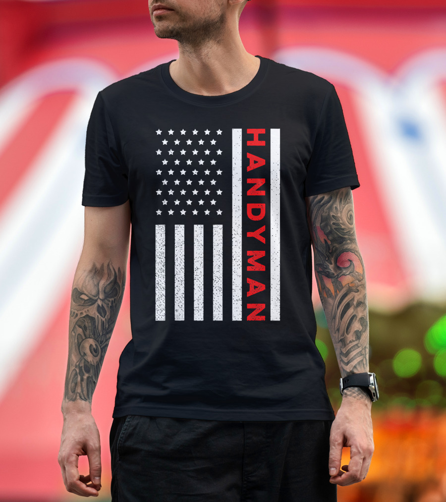 Handyman American Flag Vertical Stars and Stripes July 4th Mechanic T-Shirt