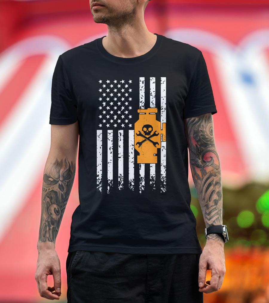 Funny Mechanic American Flag Skull Wrench T-Shirt