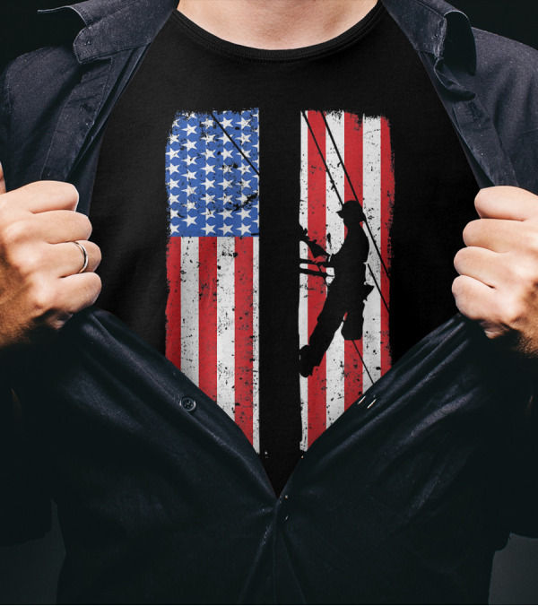 Lineman Silhouette On Distressed American Flag For Linework T-Shirt