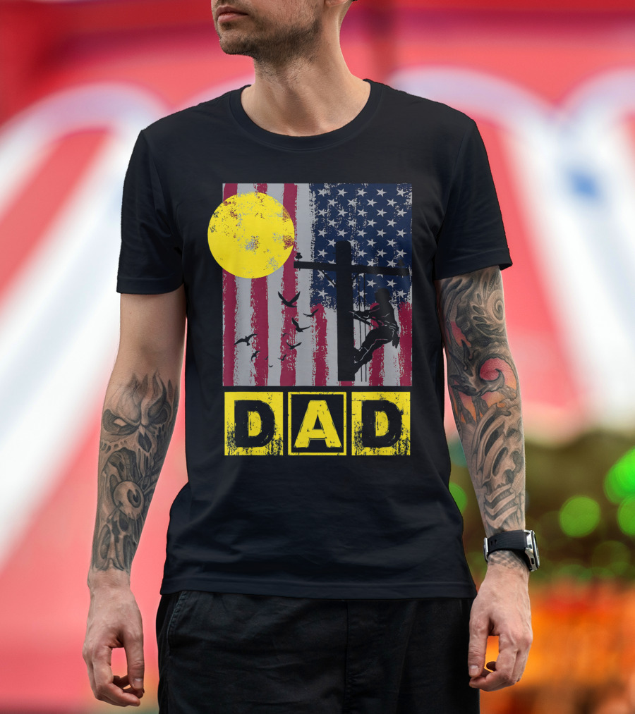 Lineman Dad American Flag Sun and Birds T-Shirt