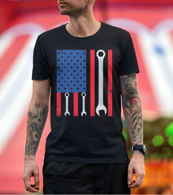 Premium T-Shirt: Mechanic Wrench American Flag Baseball Spo T-Shirt Mechanic Wrench American Flag Baseball Spo T-Shirt
