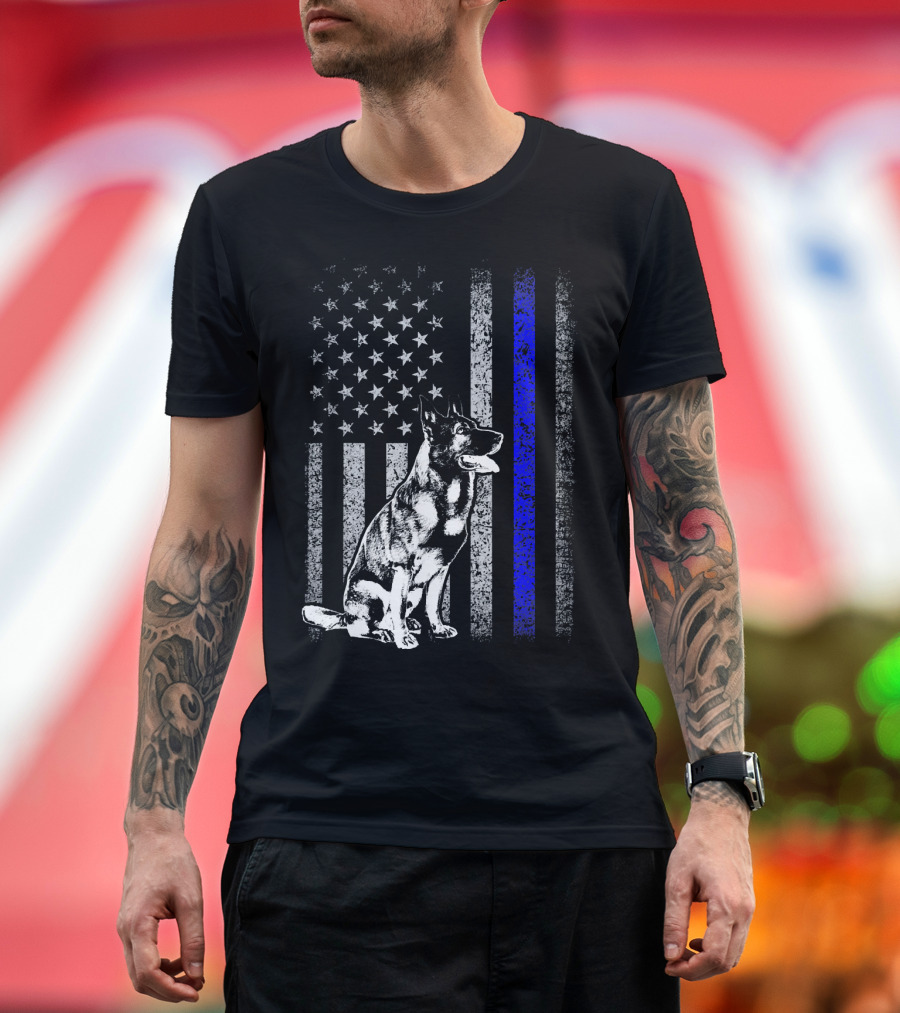 K9 Trainer Thin Blue Line American Flag with German Shepherd T-Shirt