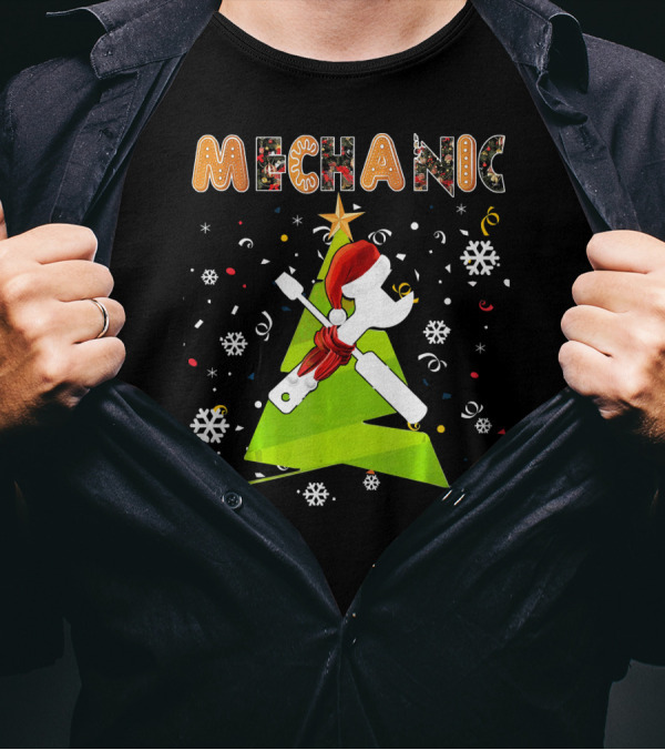 Mechanic Christmas Tree Santa Hat Gingerbread Snowflakes T-Shirt