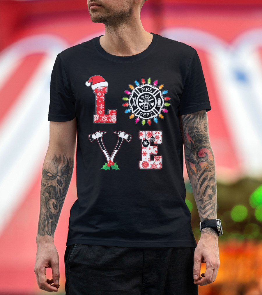 LOVE Fire Dept Christmas Lights Santa Hat Snowflakes Axes T-Shirt