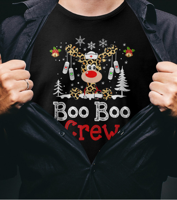 Boo Boo Crew Leopard Reindeer Christmas T-Shirt