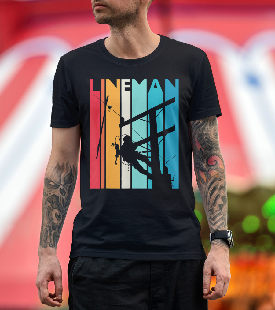 Lineman Vintage Retro Lineman Silhouette on Power Line with Colorful Stripes T-Shirt