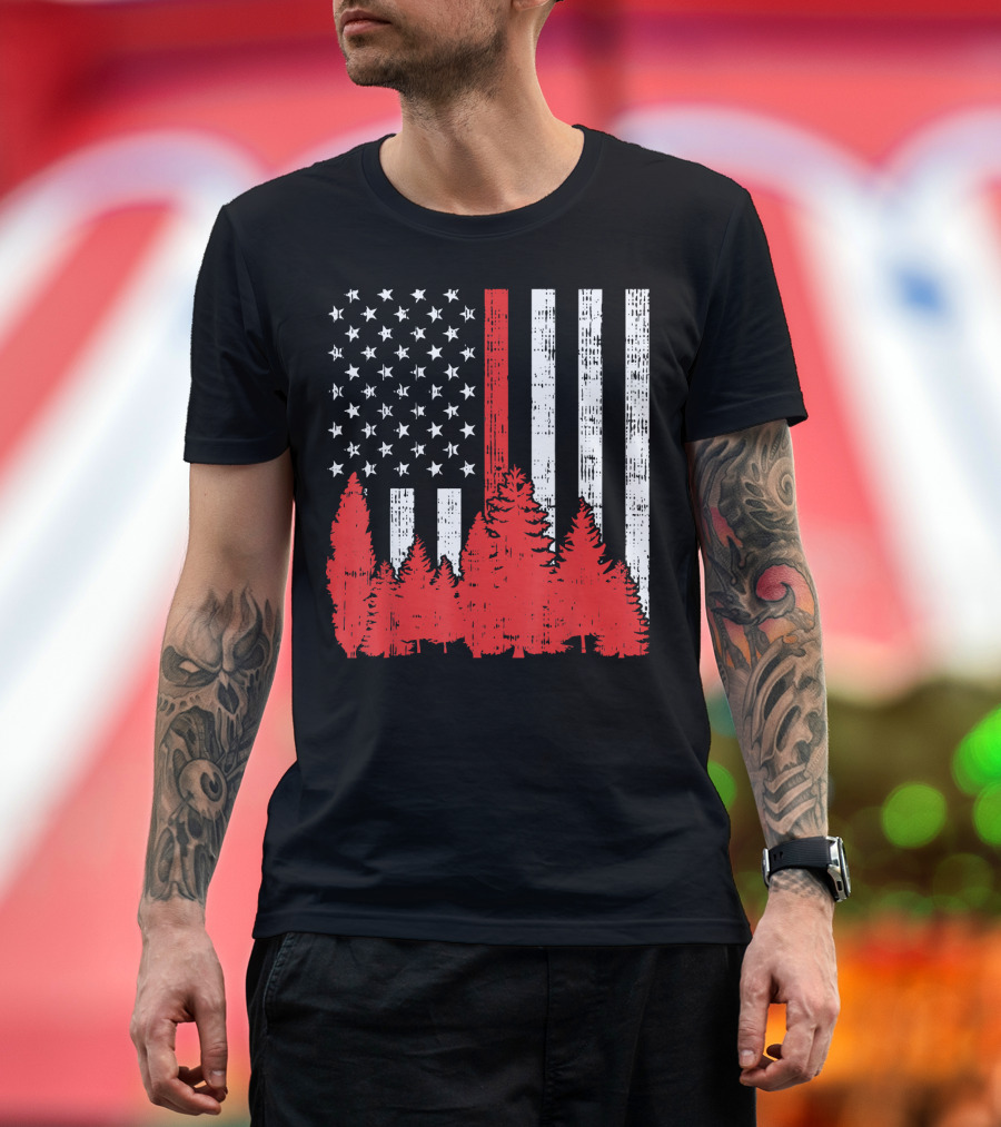 Mens Thin Red Line USA Flag Forest Firefighter Support T-Shirt