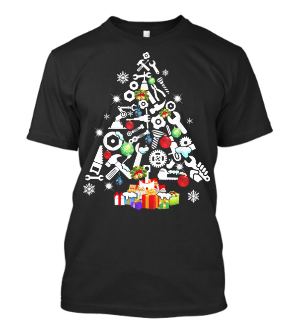 Mens Mechanic Tools Christmas Tree With Presents And Snowflakes T-Shirt