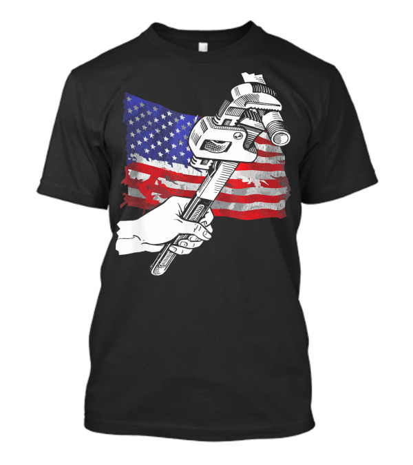 Pipefitter Union Pride With American Flag And Wrench T-Shirt