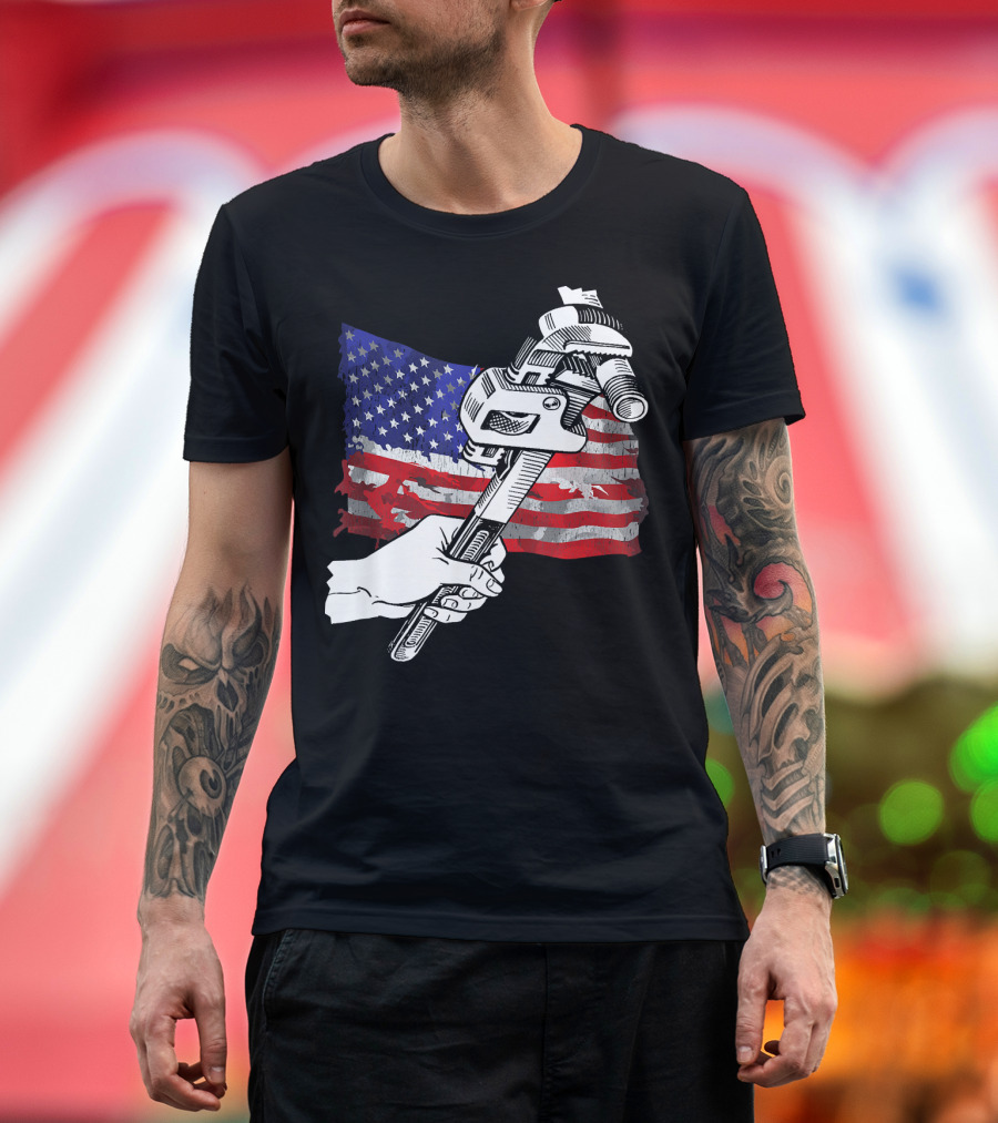Pipefitter Union Pride with American Flag and Wrench T-Shirt