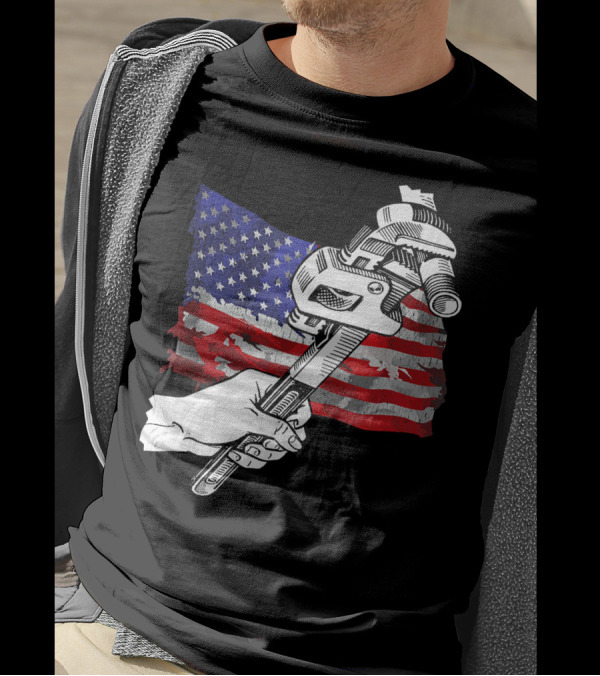 Pipefitter Union Pride With American Flag And Wrench T-Shirt