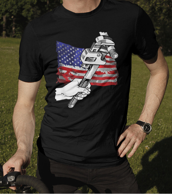 Pipefitter Union Pride With American Flag And Wrench T-Shirt