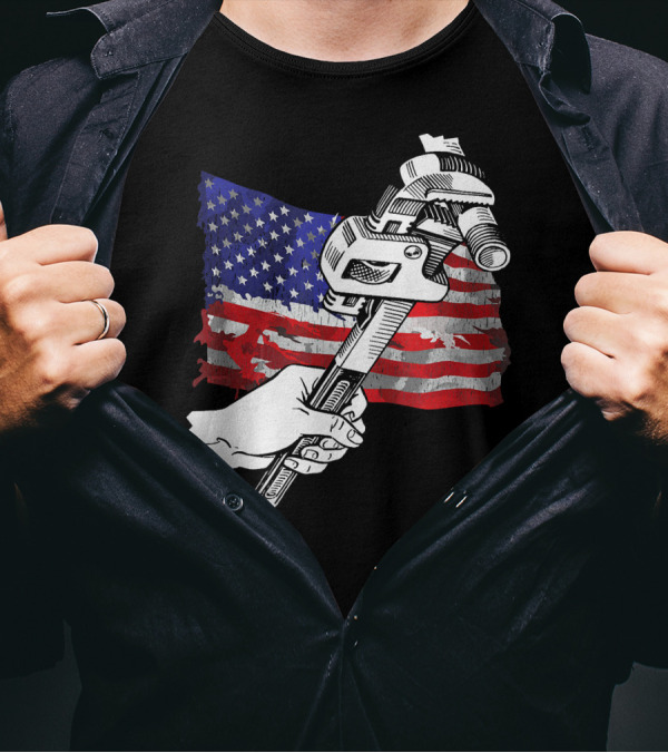 Pipefitter Union Pride With American Flag And Wrench T-Shirt
