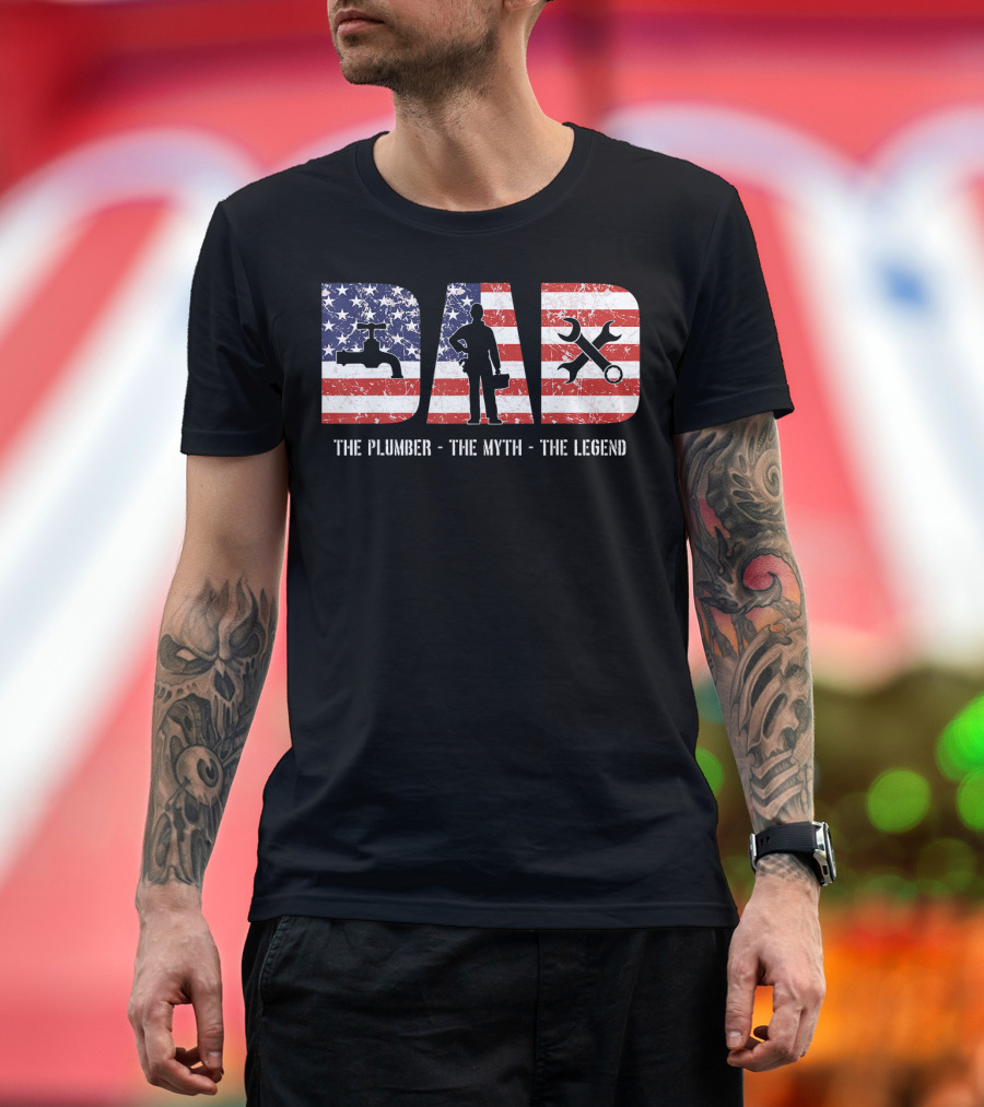 Dad Plumber Myth Legend American Flag Iconic Tools T-Shirt