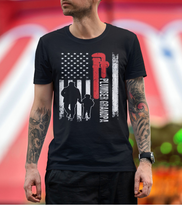 Premium T-Shirt: American Flag Plumber Grandpa Pipe Wrench T-Shirt American Flag Plumber Grandpa Pipe Wrench T-Shirt