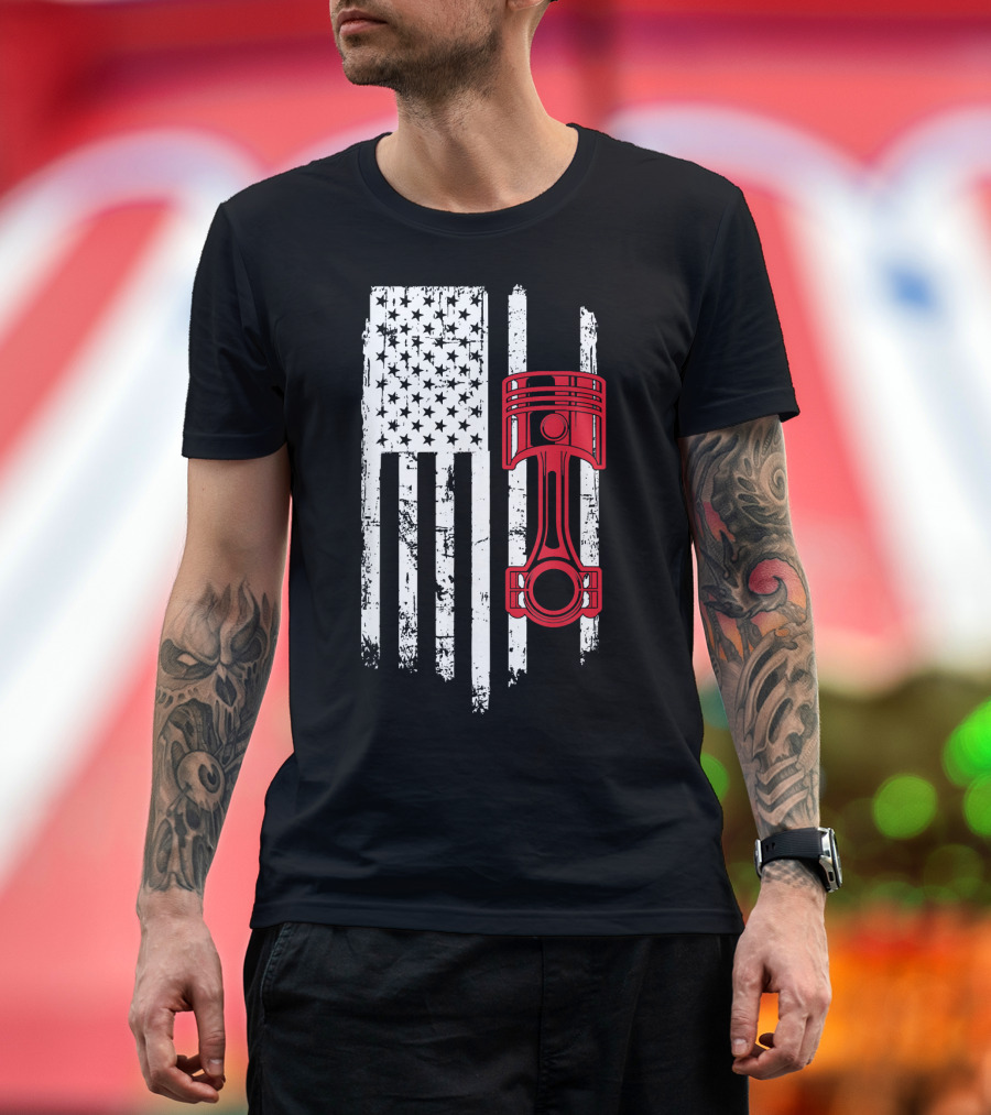 Piston Muscle Car Mechanic American Flag T-Shirt