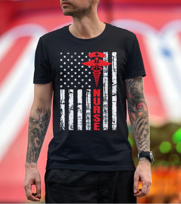 Premium T-Shirt: Patriotic American Nurse USA Flag with Caduceus T-Shirt Patriotic American Nurse USA Flag with Caduceus T-Shirt