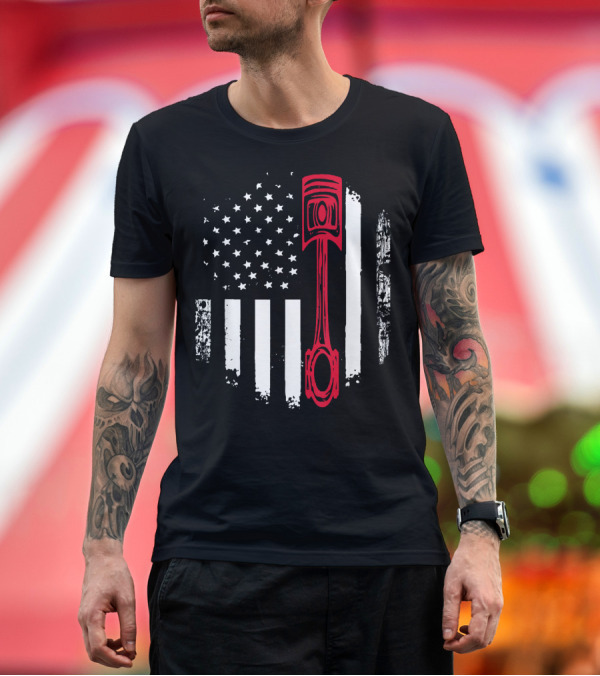 Premium T-Shirt: USA Flag Stars Stripes Red Piston Auto Mechanic T-Shirt USA Flag Stars Stripes Red Piston Auto Mechanic T-Shirt