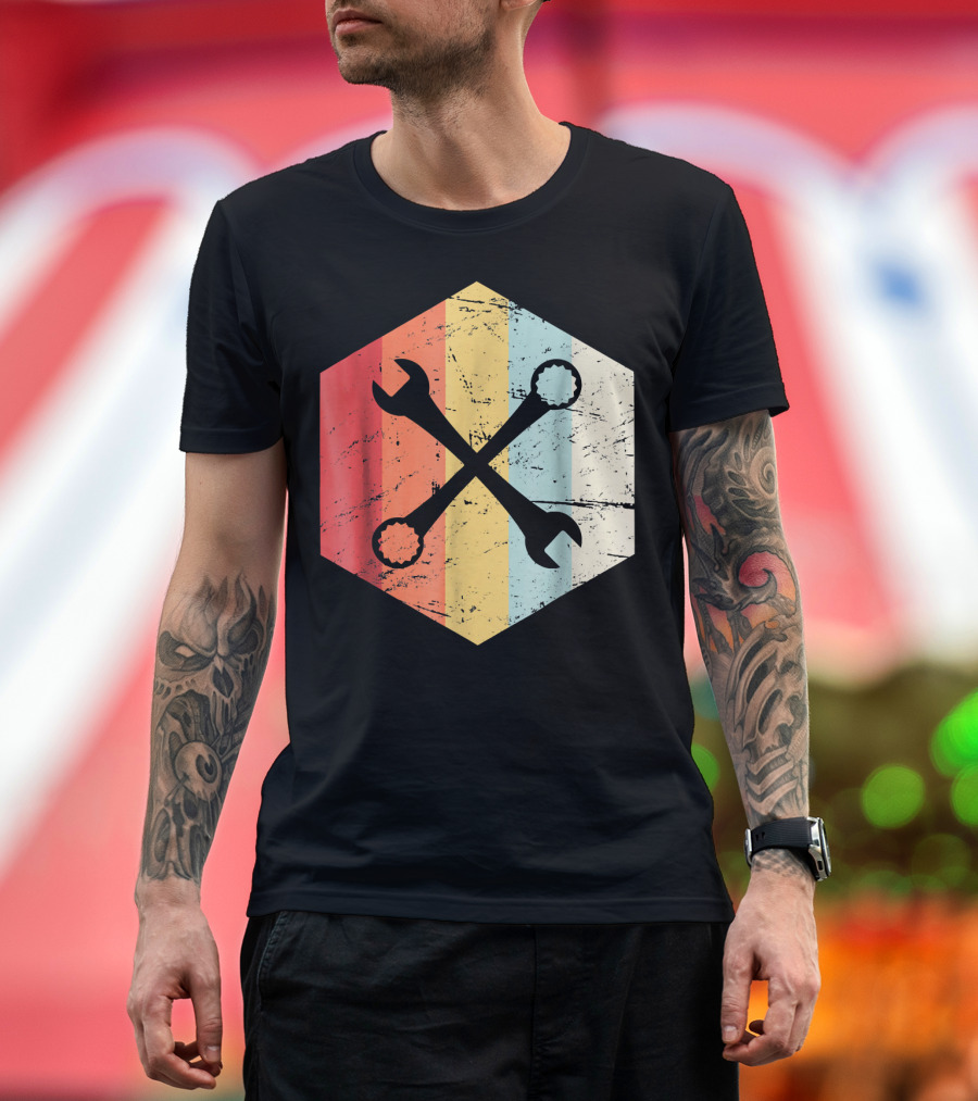 Retro Wrenches Mechanic Vintage Stripes Logo Hexagon T-Shirt