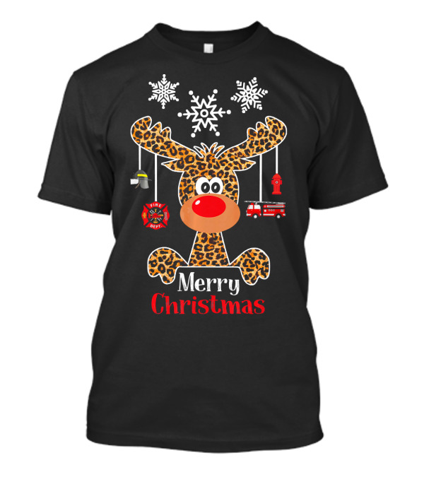 Merry Christmas Reindeer Leopard Print Firefighter Fire Dept Snowflakes T-Shirt