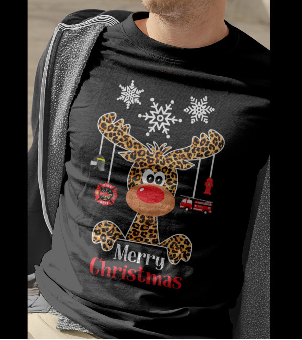 Merry Christmas Reindeer Leopard Print Firefighter Fire Dept Snowflakes T-Shirt