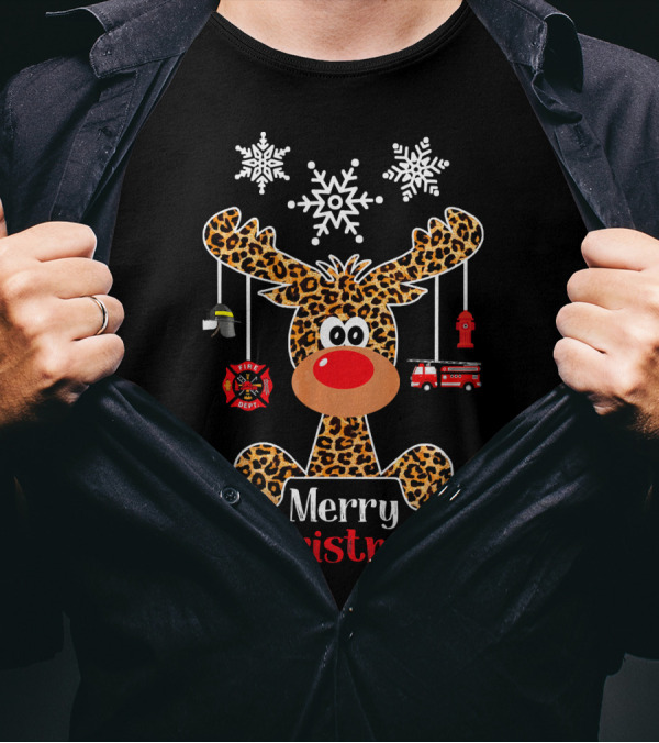 Merry Christmas Reindeer Leopard Print Firefighter Fire Dept Snowflakes T-Shirt