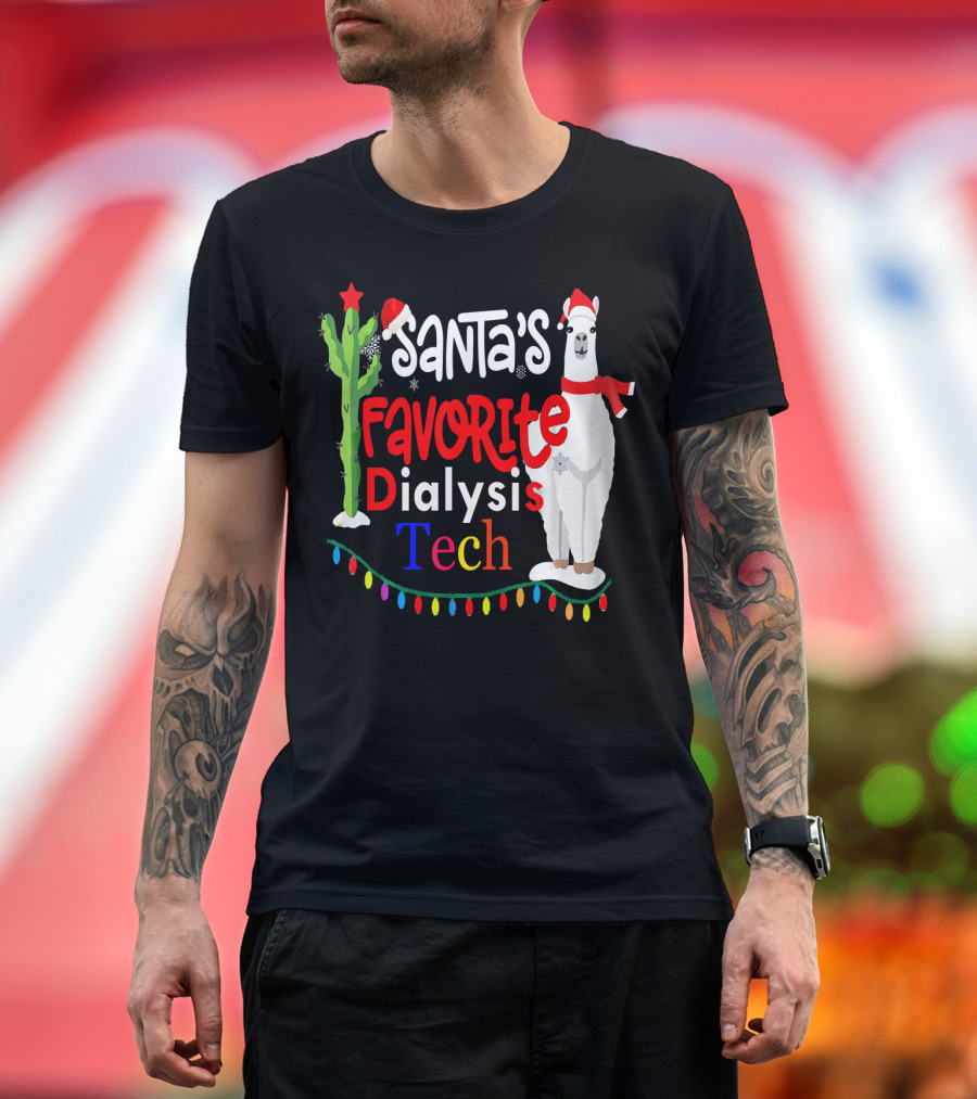 Santa's Favorite Dialysis Tech Christmas Hat with Festive Llama and Cactus T-Shirt