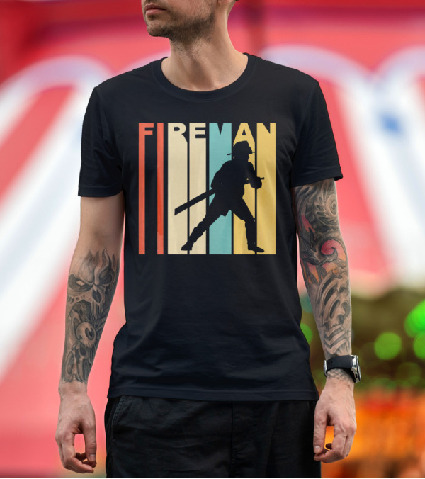 Premium T-Shirt: FIREMAN Retro 1970s Style Silhouette Vintage Color Stripes T-Shirt FIREMAN Retro 1970s Style Silhouette Vintage Color Stripes T-Shirt