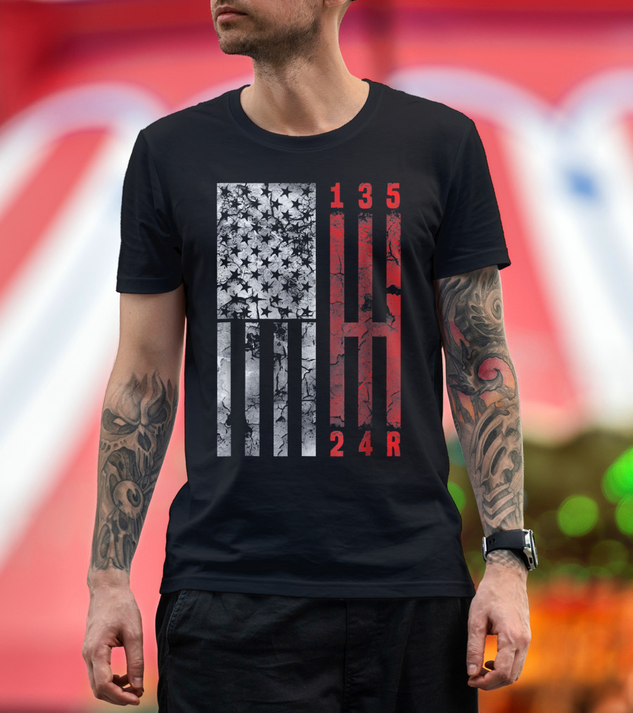 Stick Shift American Flag Gear Pattern with Muscle Car Numbers T-Shirt
