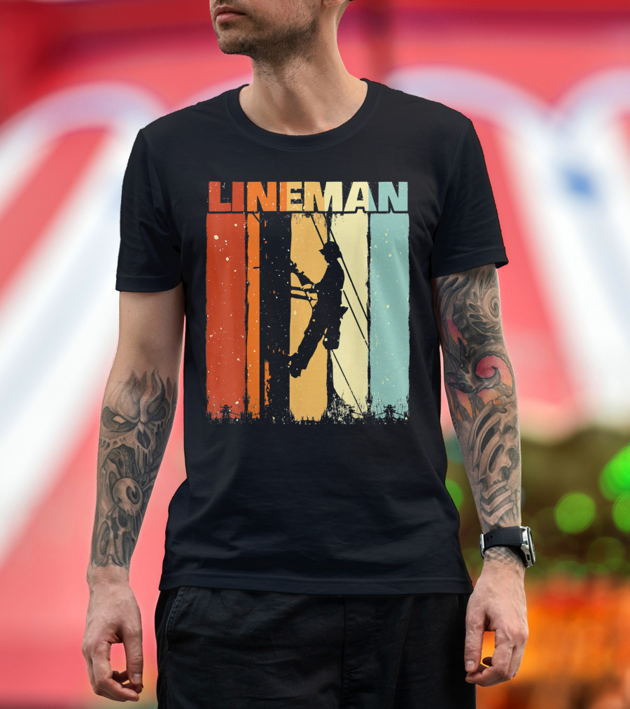 Lineman Vintage Style Silhouette with Retro Stripes for Lineworkers T-Shirt