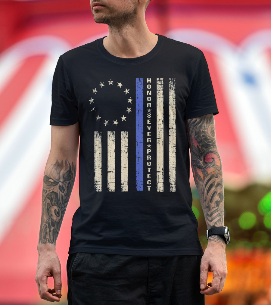 Betsy Ross Flag with Thin Blue Line Honor Serve Protect T-Shirt