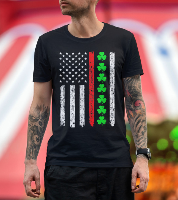 Thin Red Line American Flag Shamrock Irish St Patricks T-Shirt