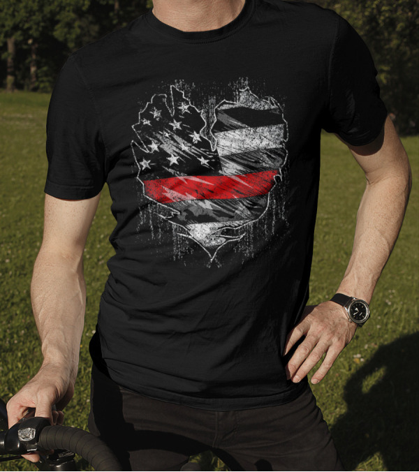 Thin Red Line Fireman American Flag Heart Shape Stars Stripes T-Shirt
