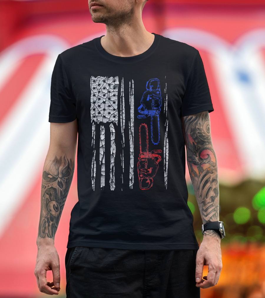USA Flag Chainsaw Lumberjack Logger T-Shirt