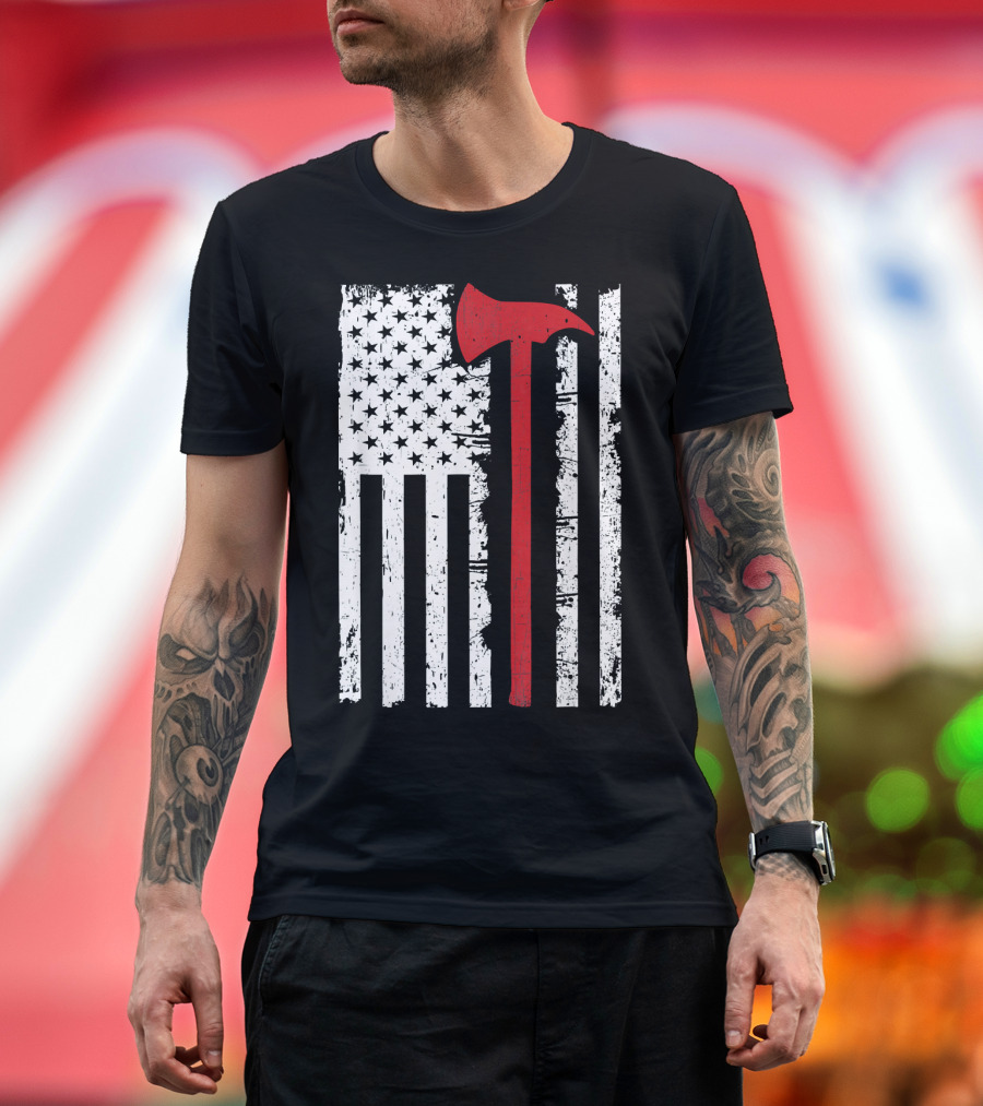 Thin Red Line American Flag Firefighter Axe T-Shirt