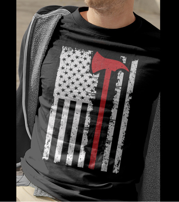 Thin Red Line American Flag Firefighter Axe T-Shirt