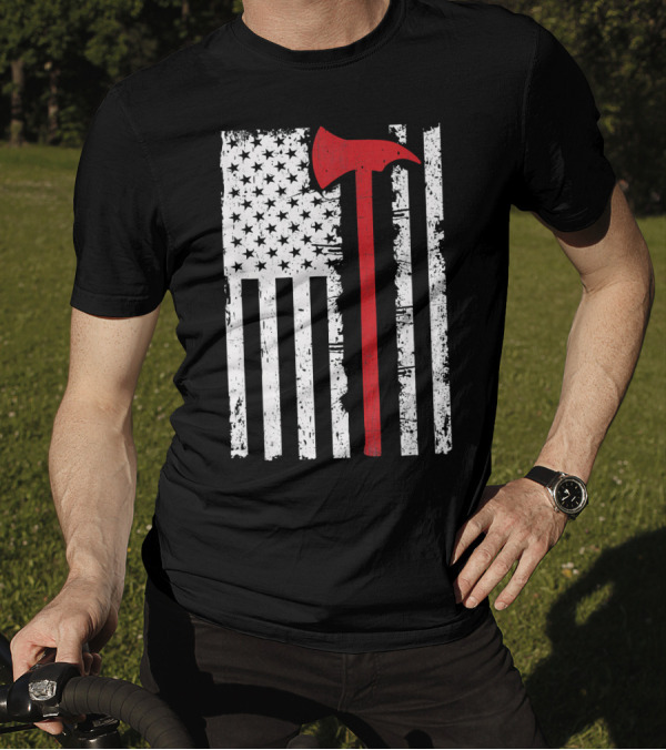 Thin Red Line American Flag Firefighter Axe T-Shirt