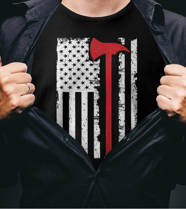 Thin Red Line American Flag Firefighter Axe T-Shirt