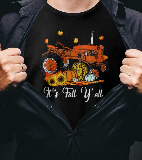 It's Fall Y'all Tractor With Leopard Print Pumpkin Sunflowers And Leaves T-Shirt