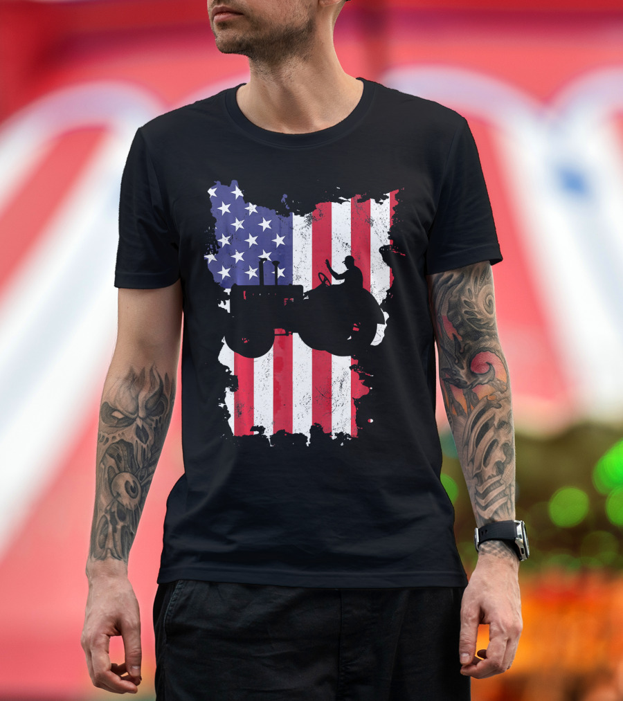Tractor Farmer American Flag Vintage 4th Of July T-Shirt