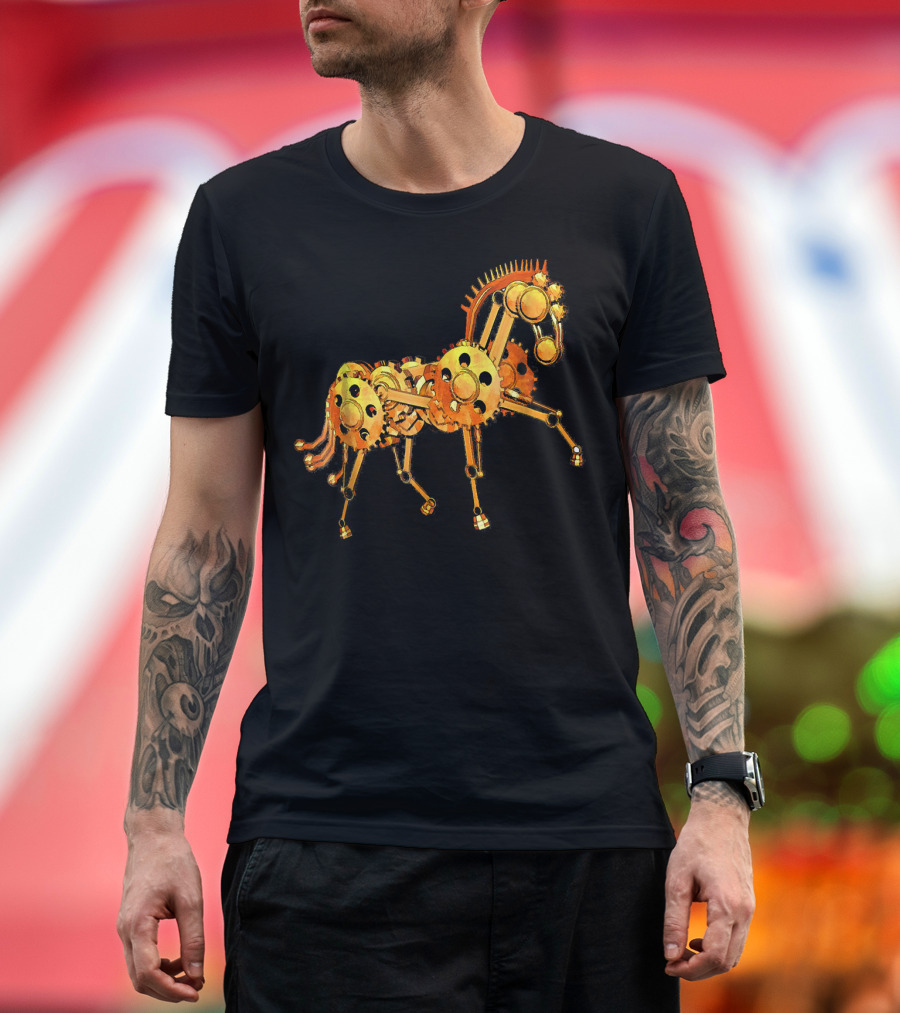 Steampunk Rusty Vintage Mechanic Horse Gears Orange T-Shirt
