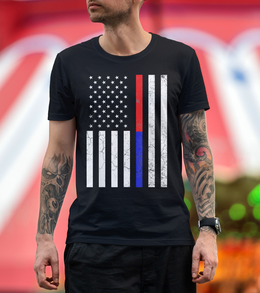 USA Flag Thin Red Blue Line Police Firefighter Unity T-Shirt