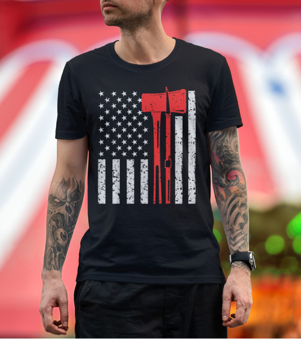 American Flag Thin Red Line Firefighter Ax Irons T-Shirt