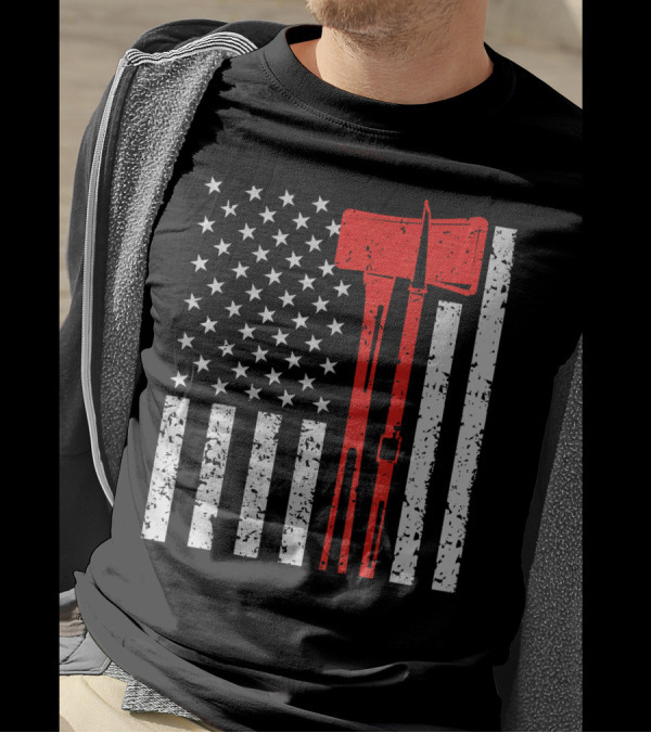 American Flag Thin Red Line Firefighter Ax Irons T-Shirt