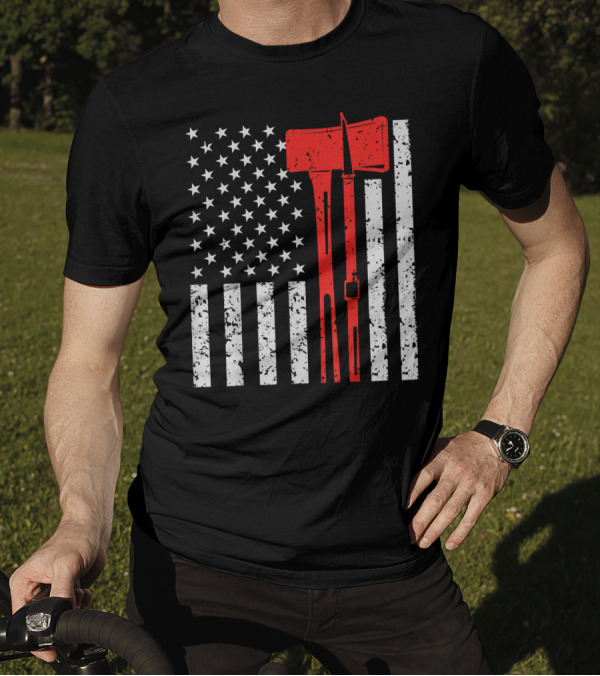American Flag Thin Red Line Firefighter Ax Irons T-Shirt