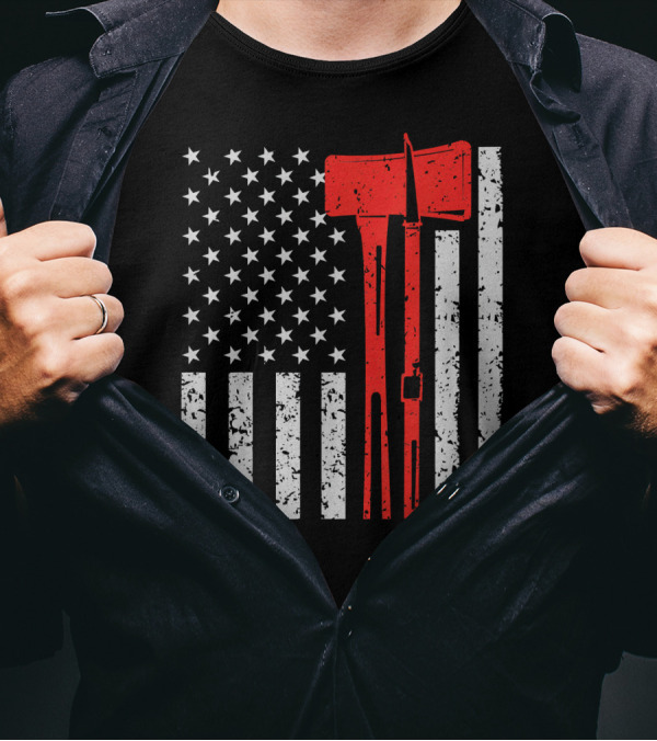 American Flag Thin Red Line Firefighter Ax Irons T-Shirt